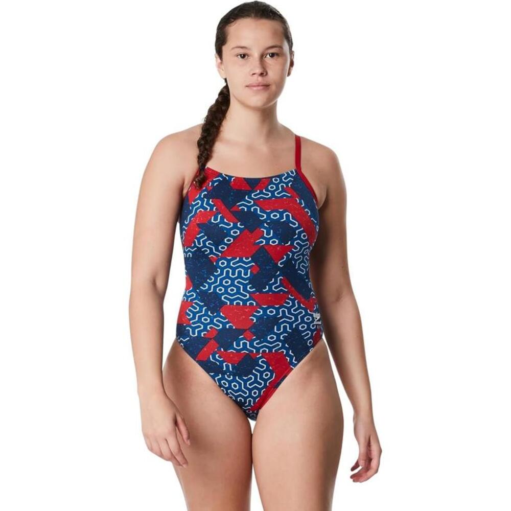 Speedo Women's Ruse Blocks Flyback One Piece, Blue, Red White Size 6/32